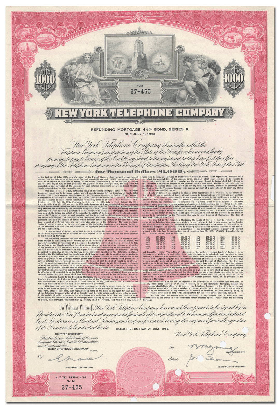 New York Telephone Company Bond Certificate