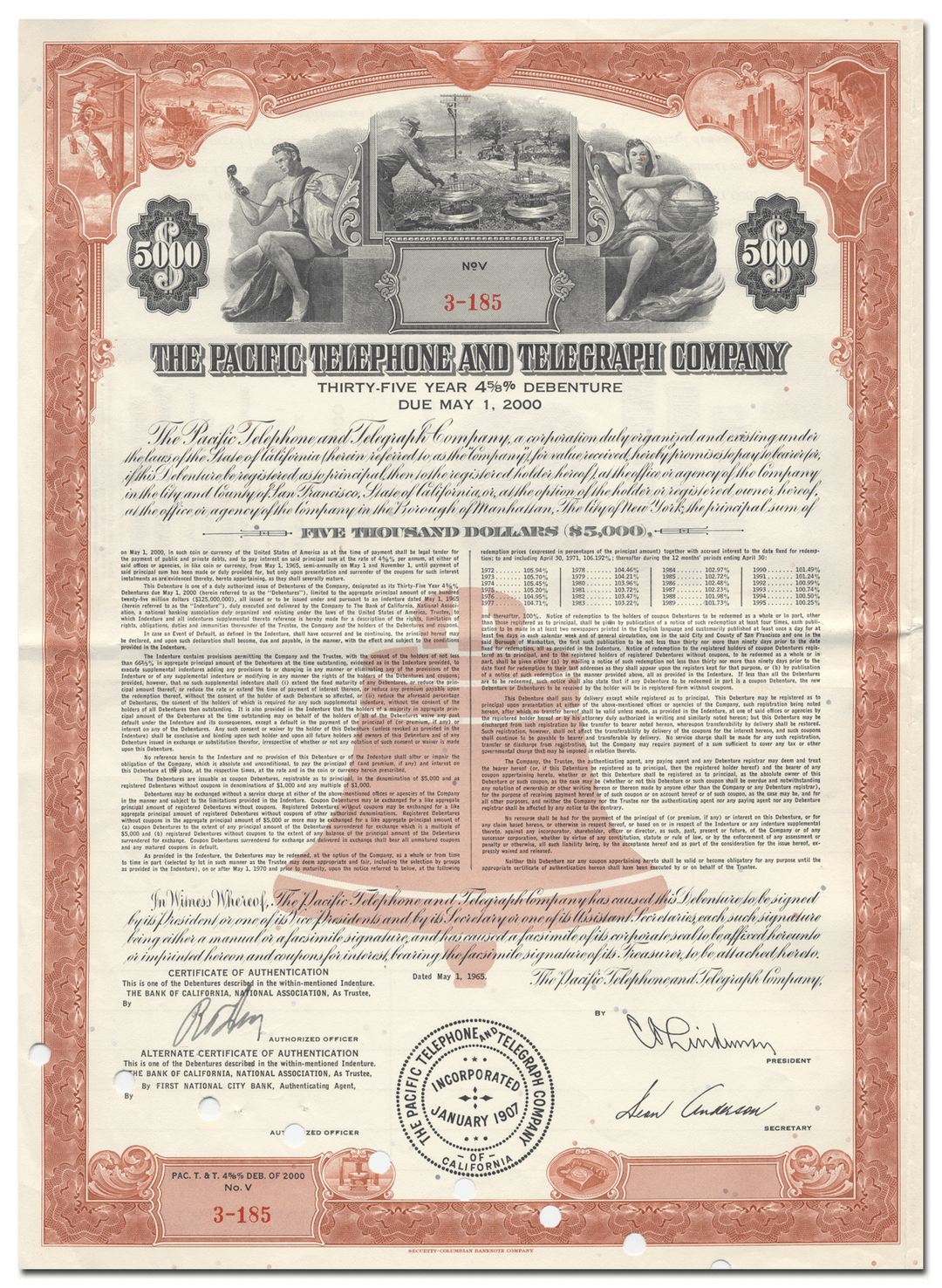 Pacific Telephone and Telegraph Company Bond Certificate