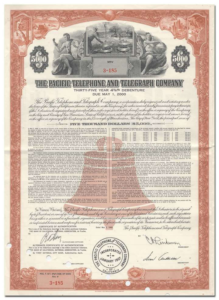 Pacific Telephone and Telegraph Company Bond Certificate