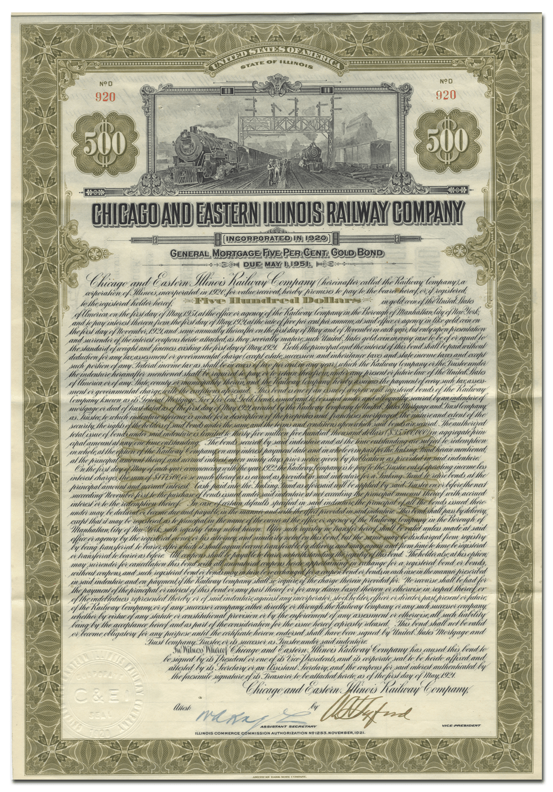 Chicago and Eastern Illinois Railway Company Bond Certificate