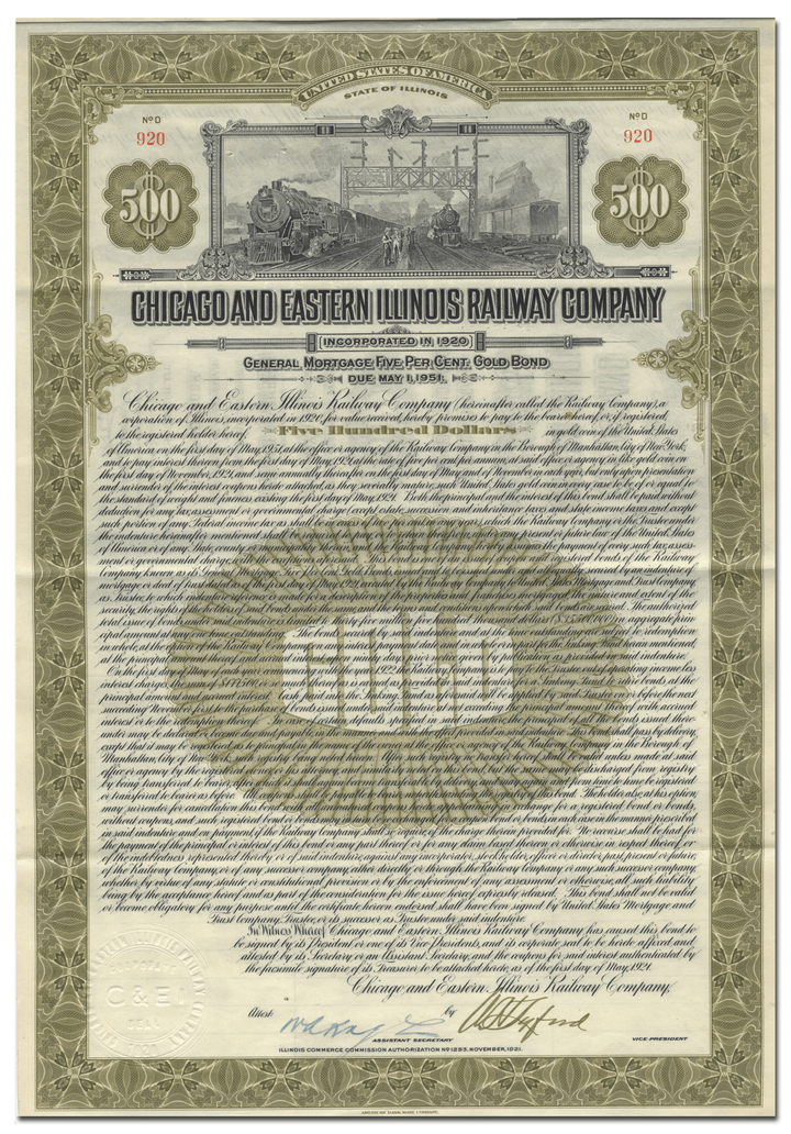 Chicago and Eastern Illinois Railway Company Bond Certificate