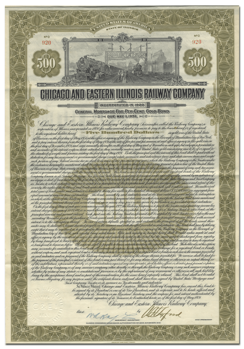 Chicago and Eastern Illinois Railway Company Bond Certificate