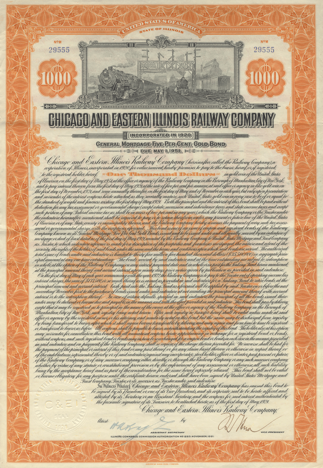 Chicago and Eastern Illinois Railway Company Bond Certificate