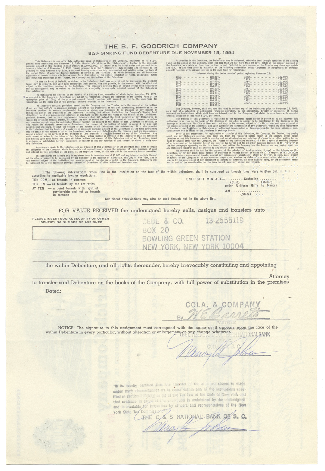 B. F. Goodrich Company Bond Certificate