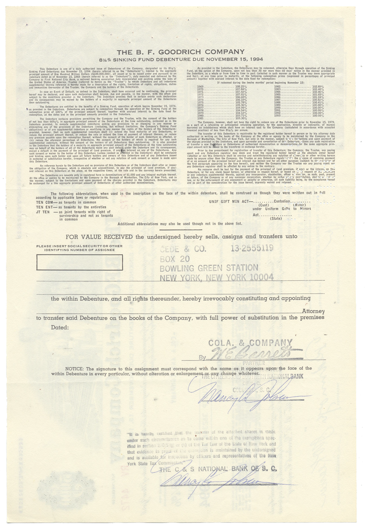 B. F. Goodrich Company Bond Certificate