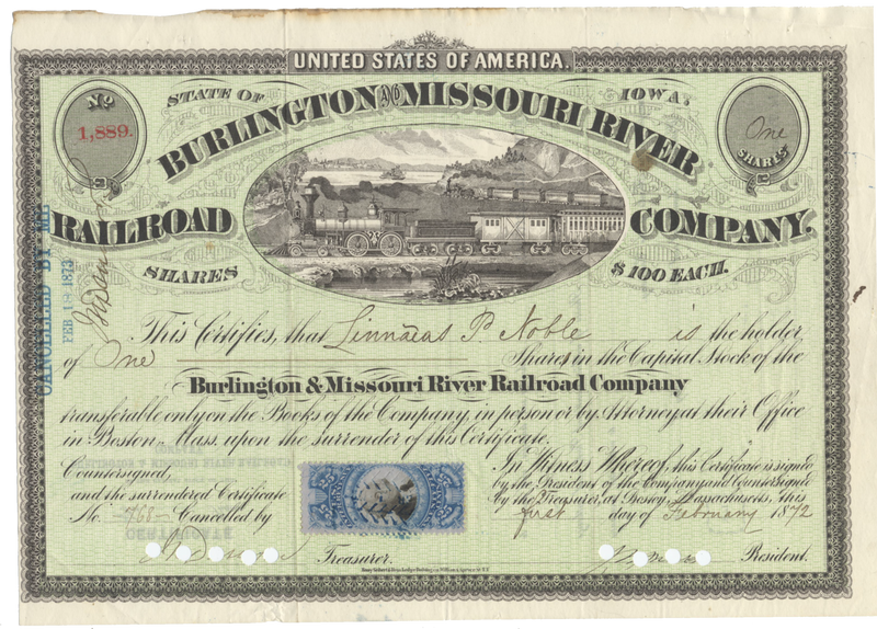 Burlington and Missouri River Railroad Company Stock Certificate