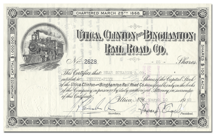 Utica, Clinton and Binghamton Rail Road Co. Stock Certificate