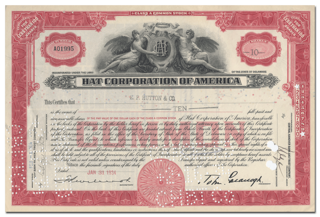 Hat Corporation of America Stock Certificate