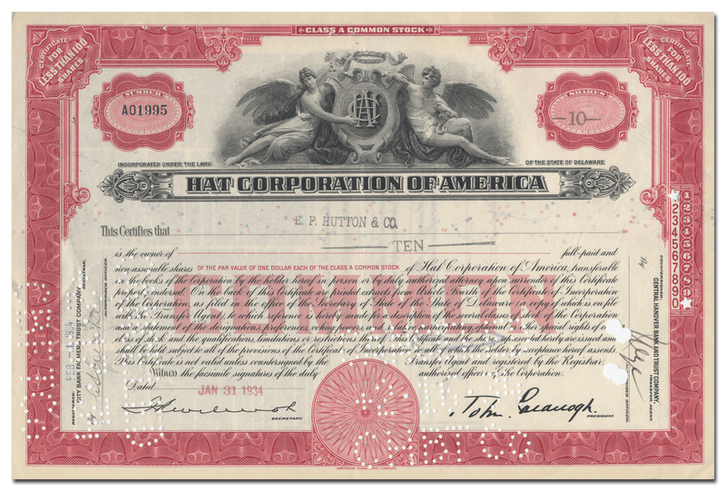 Hat Corporation of America Stock Certificate - Ghosts of Wall Street