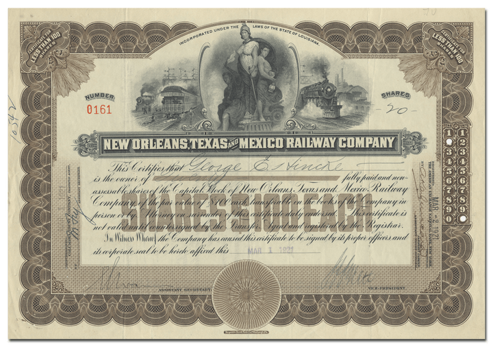 New Orleans, Texas and Mexico Railway Company Stock Certificate