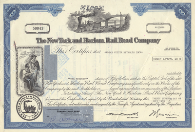 New York and Harlem Rail Road Company Stock Certificate