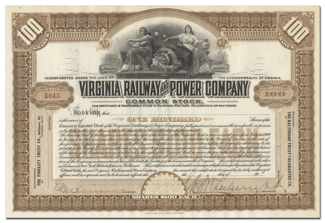 Virginia Railway and Power Company Stock Certificate