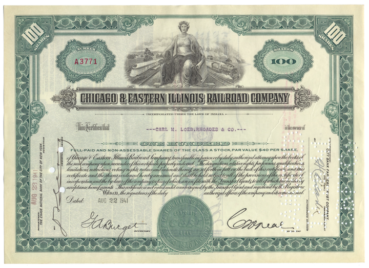 Chicago and Eastern Illinois Railroad Company Stock Certificate