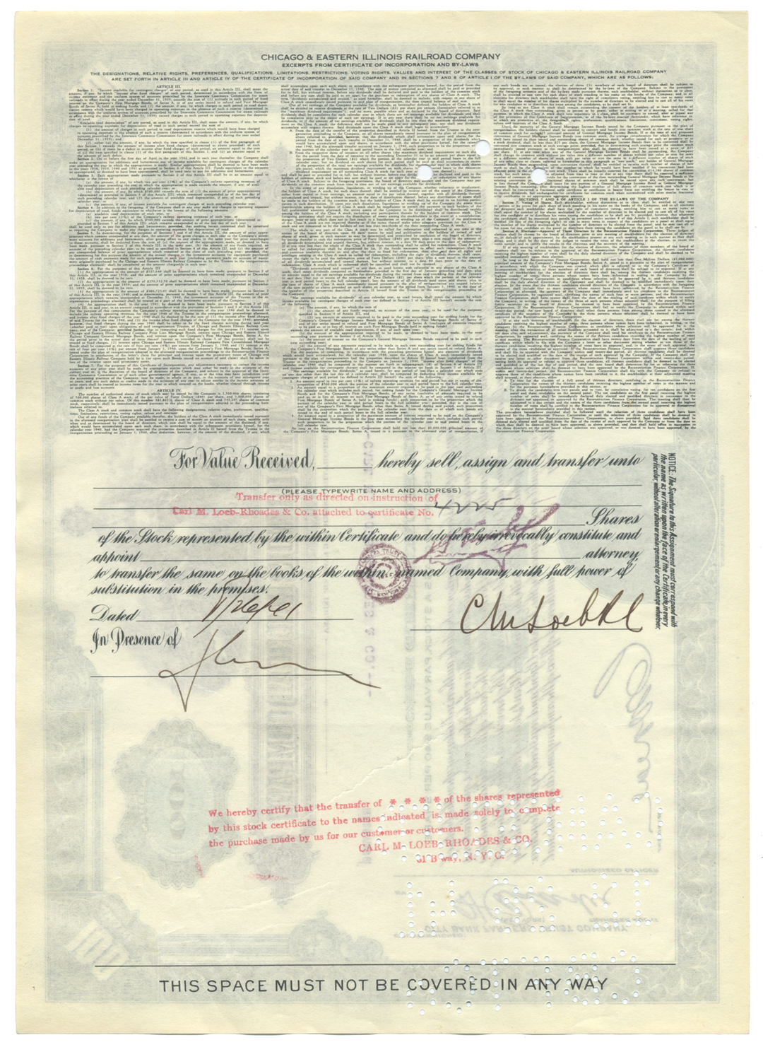 Chicago and Eastern Illinois Railroad Company Stock Certificate