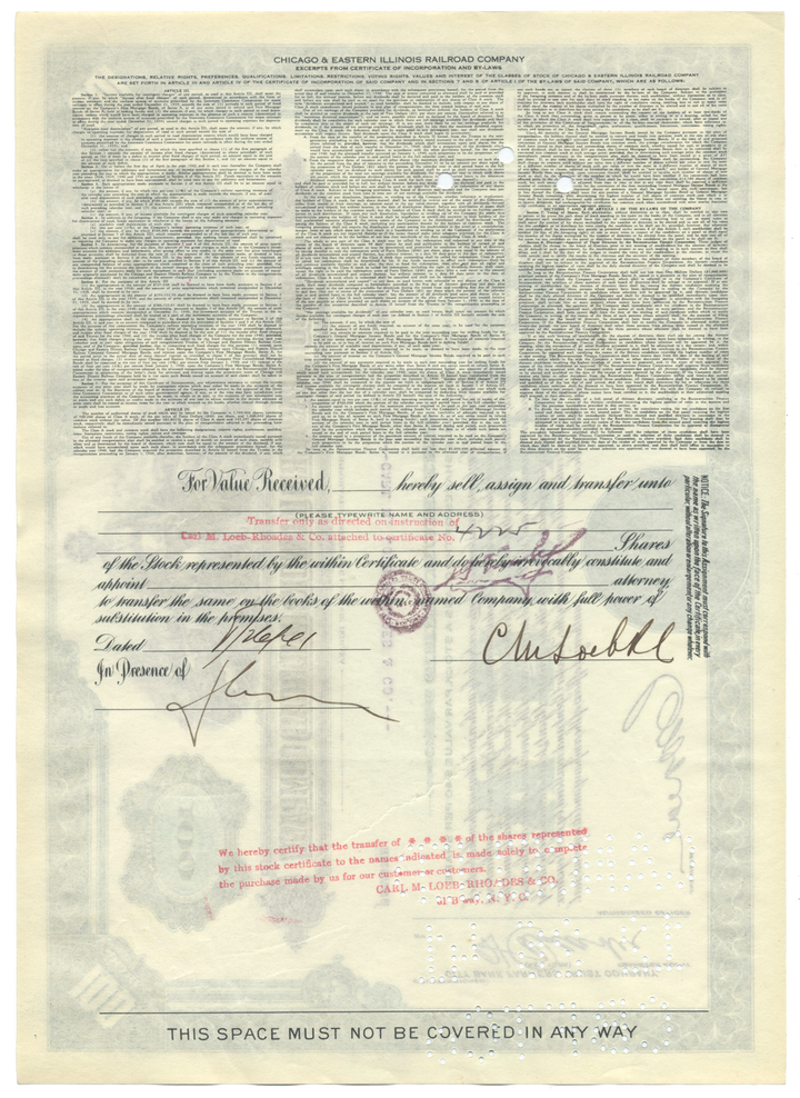 Chicago and Eastern Illinois Railroad Company Stock Certificate