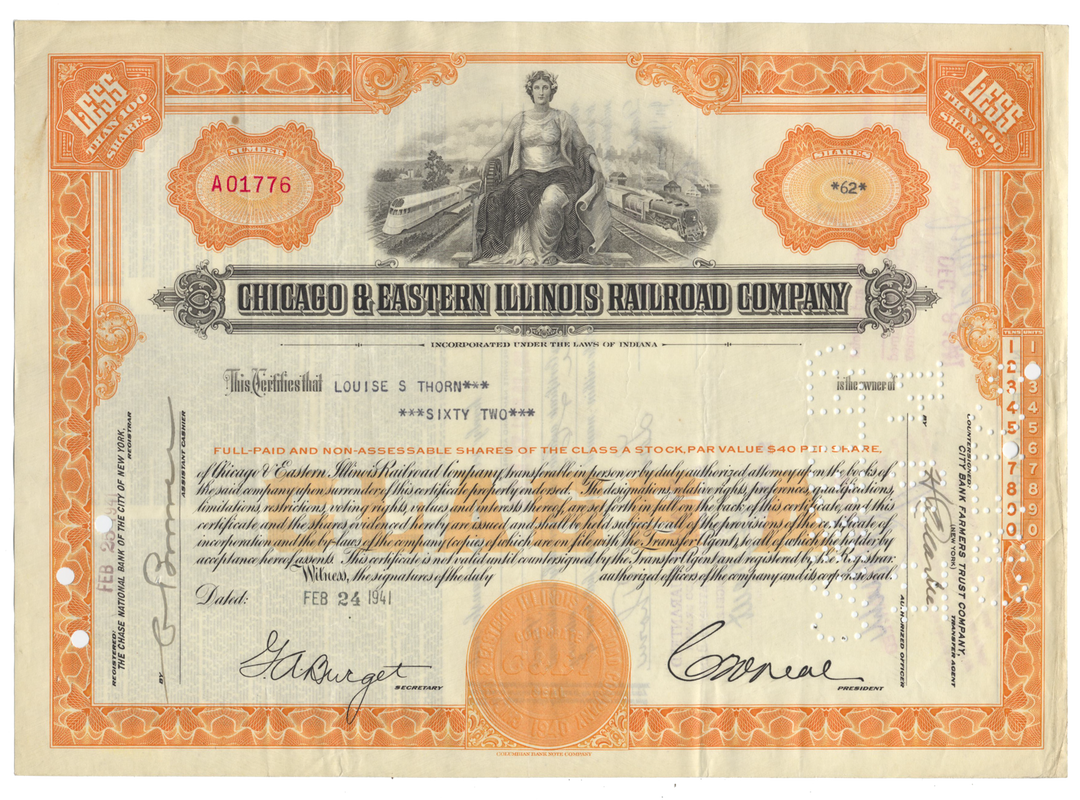 Chicago and Eastern Illinois Railroad Company Stock Certificate