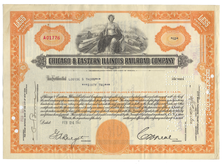 Chicago and Eastern Illinois Railroad Company Stock Certificate