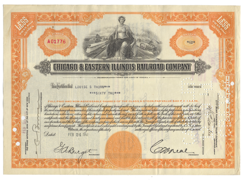 Chicago and Eastern Illinois Railroad Company Stock Certificate