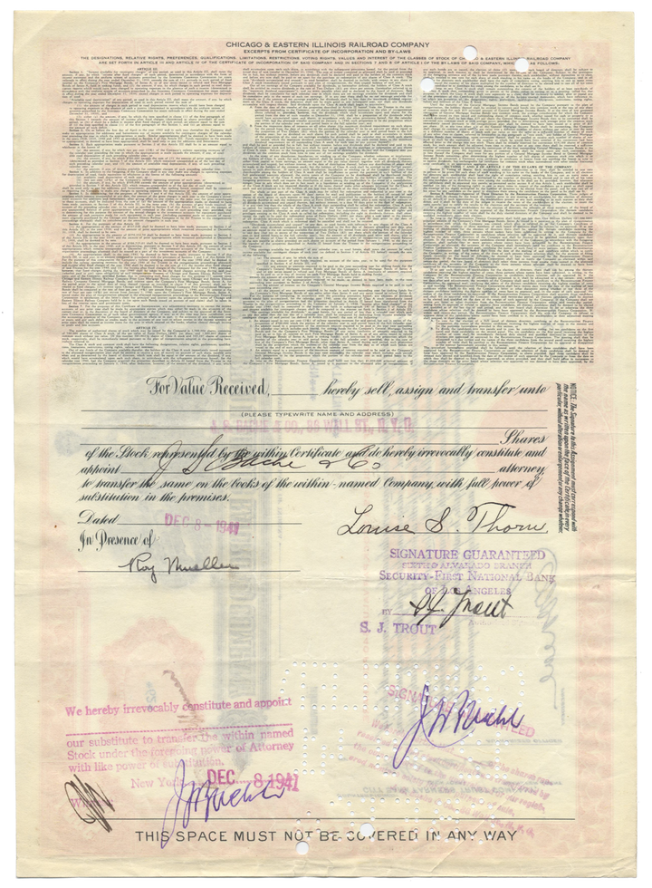 Chicago and Eastern Illinois Railroad Company Stock Certificate