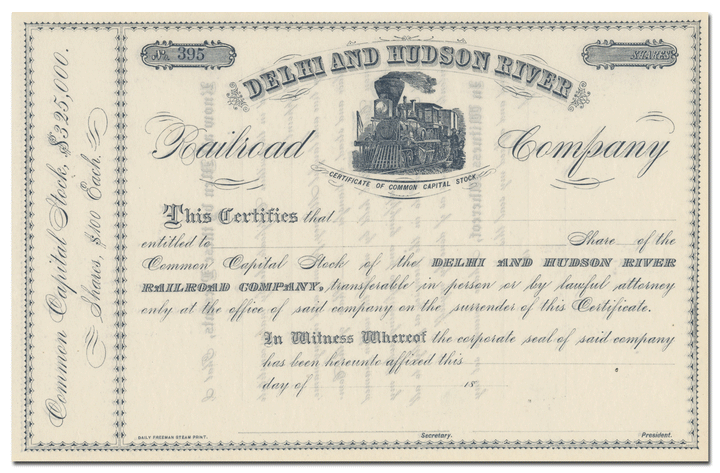 Delhi and Hudson River Railroad Company Stock Certificate