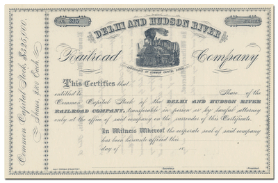 Delhi and Hudson River Railroad Company Stock Certificate