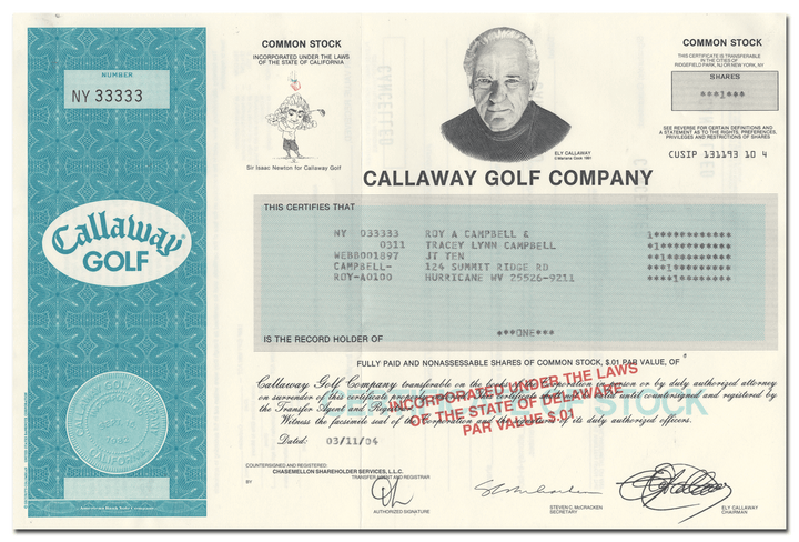 Callaway Golf Company Stock Certificate