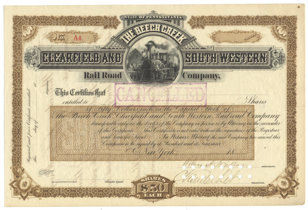 Beech Creek, Clearfield and South Western Rail Road Company Stock Certificate Signed by Cornelius Vanderbilt