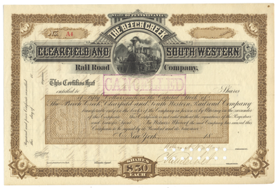 Beech Creek, Clearfield and South Western Rail Road Company Stock Certificate Signed by Cornelius Vanderbilt