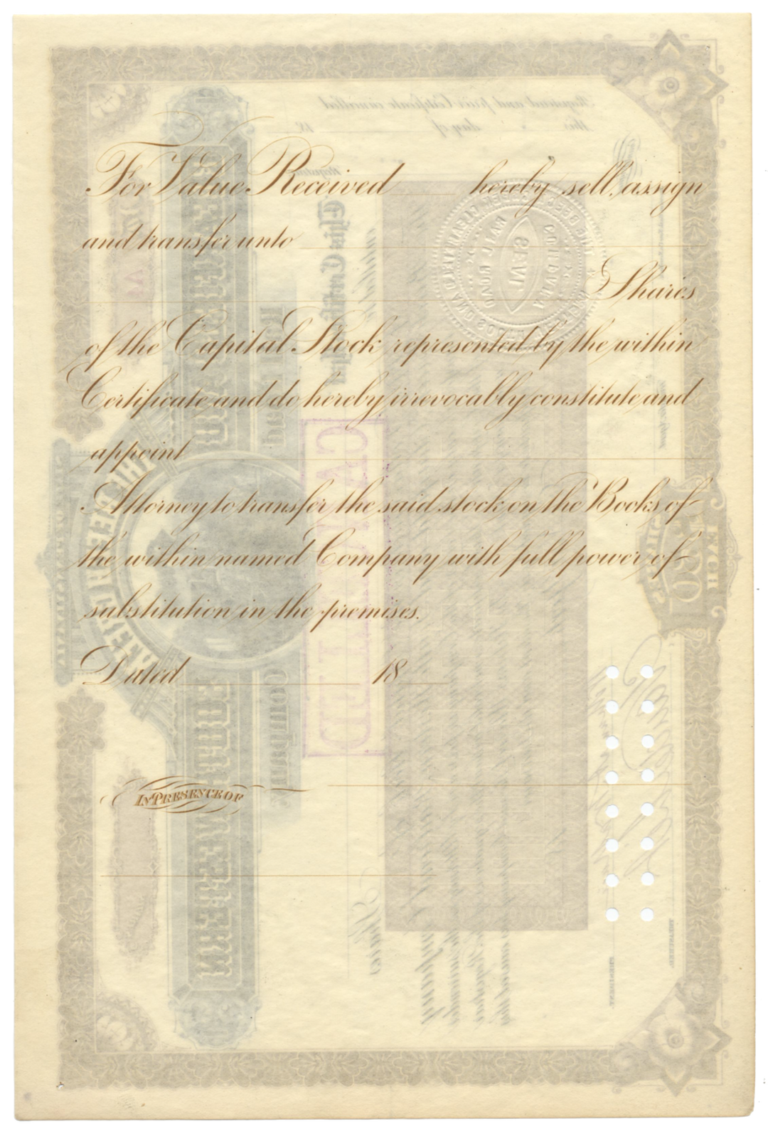 Beech Creek, Clearfield and South Western Rail Road Company Stock Certificate Signed by Cornelius Vanderbilt