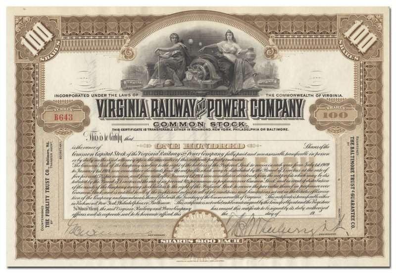 Virginia Railway and Power Company Stock Certificate