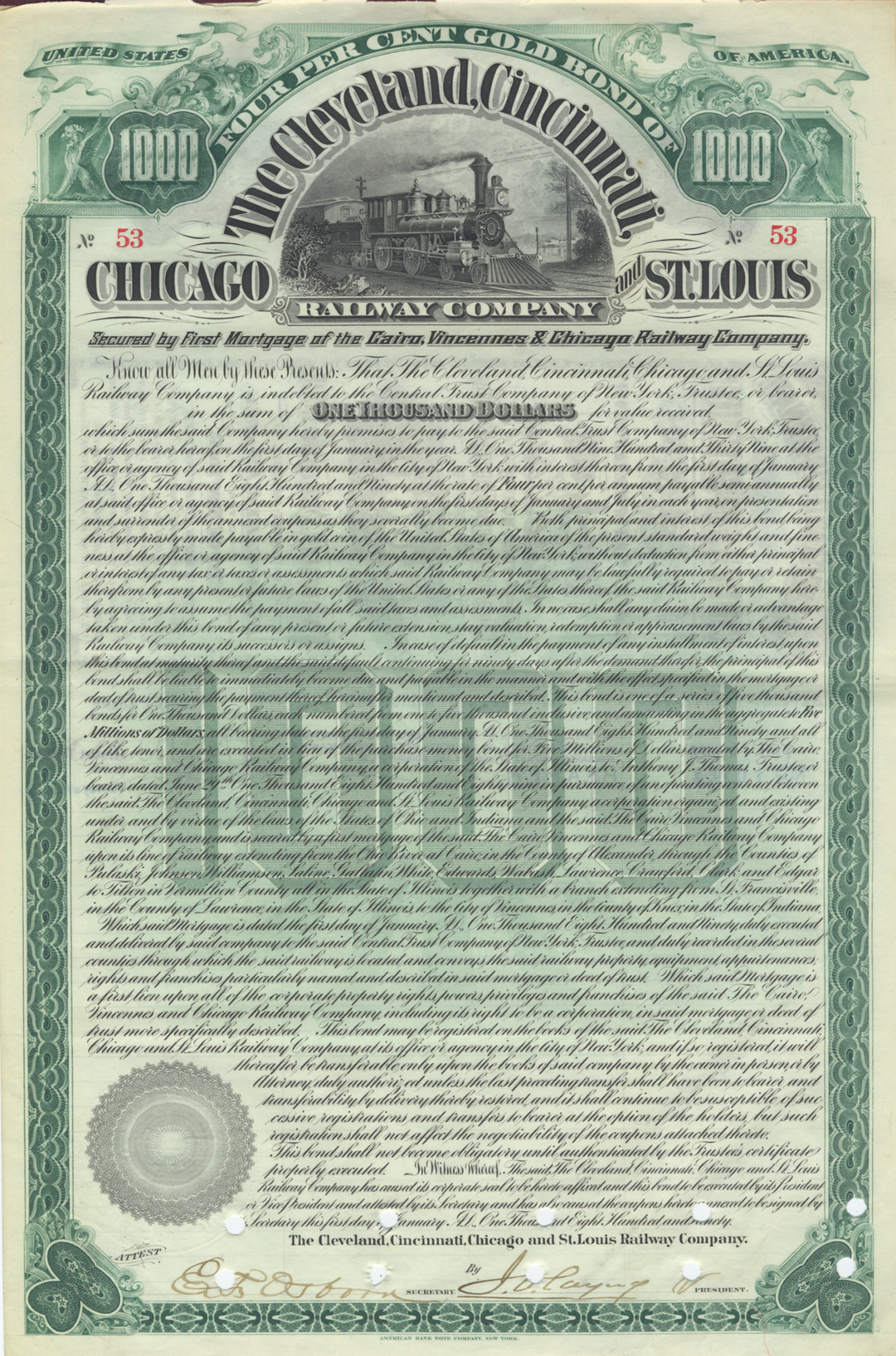 Cleveland, Cincinnati, Chicago and St. Louis Railway Company Bond Certificate