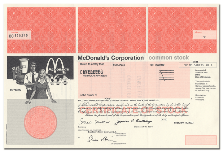 McDonald's Corporation Stock Certificate