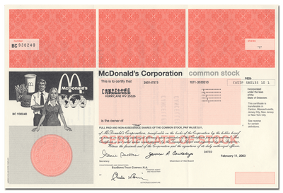 McDonald's Corporation Stock Certificate
