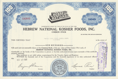 Hebrew National Kosher Foods, Inc. Stock Certificate