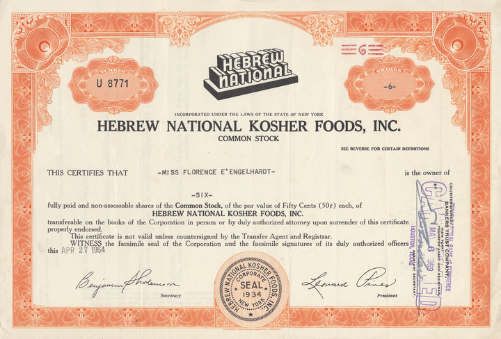 Hebrew National Kosher Foods, Inc. Stock Certificate