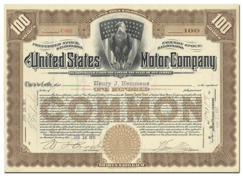 United States Motor Company Stock Certificate