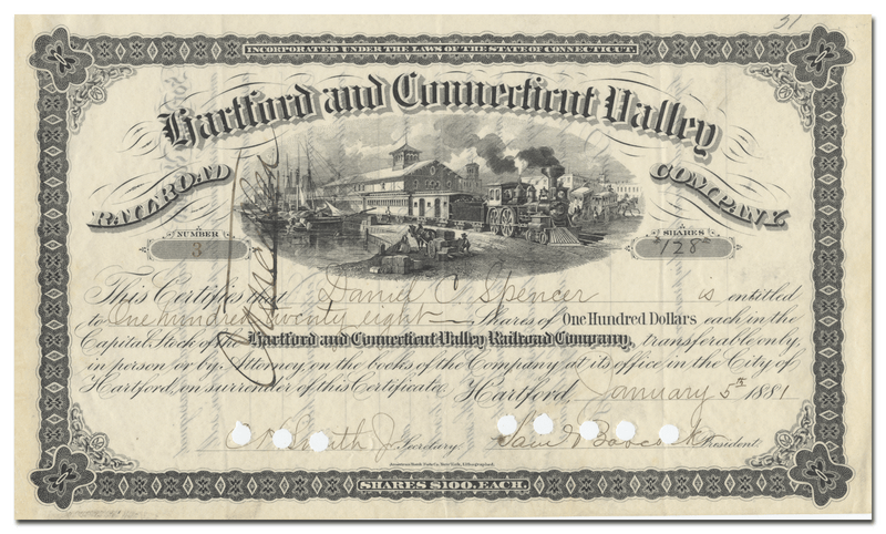 Hartford and Connecticut Valley Railroad Company Stock Certificate