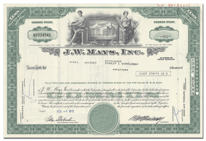 J. W. Mays, Inc. Stock Certificate