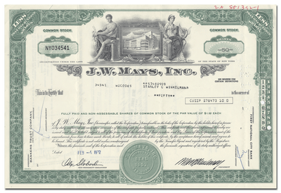 J. W. Mays, Inc. Stock Certificate