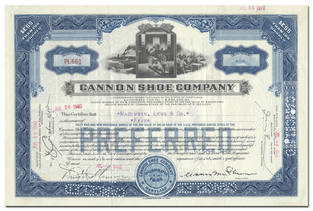 Cannon Shoe Company Stock Certificate