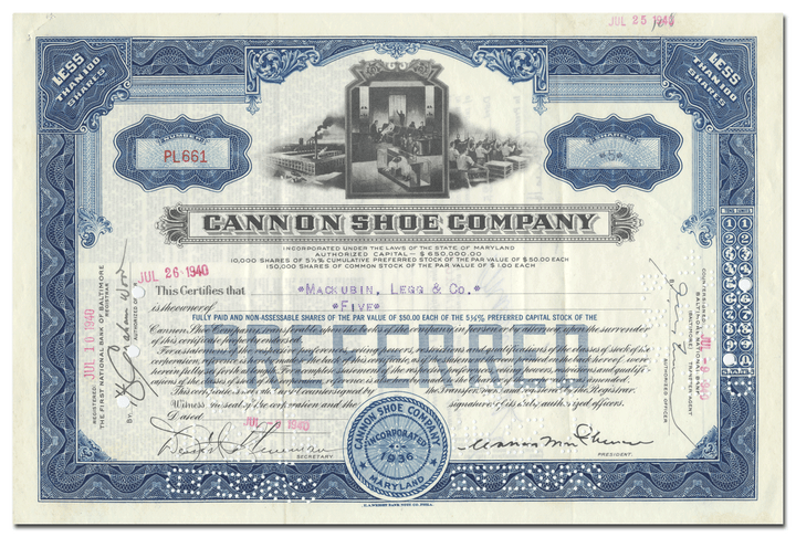 Cannon Shoe Company Stock Certificate