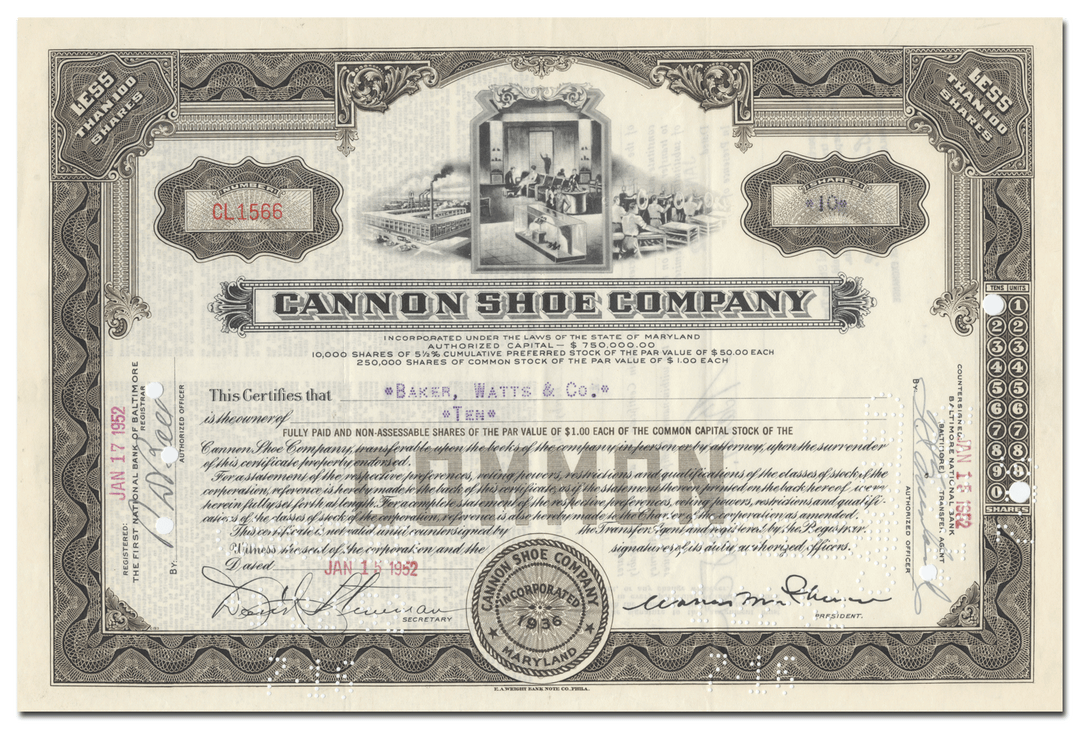 Cannon Shoe Company Stock Certificate