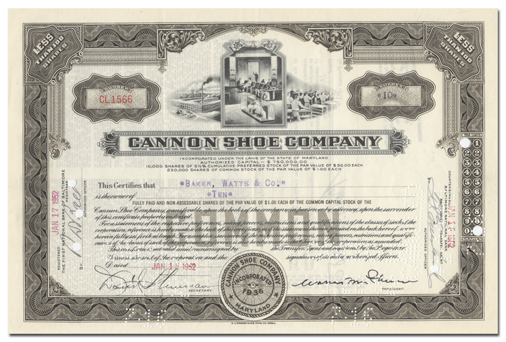 Cannon Shoe Company Stock Certificate