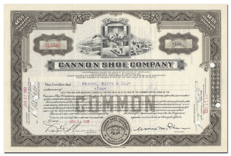Cannon Shoe Company Stock Certificate