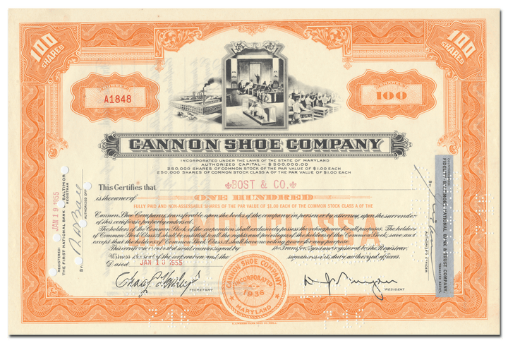 Cannon Shoe Company Stock Certificate