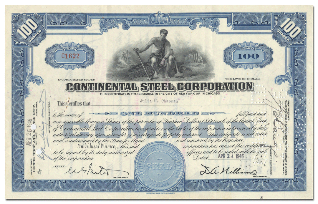 Continental Steel Corporation Stock Certificate