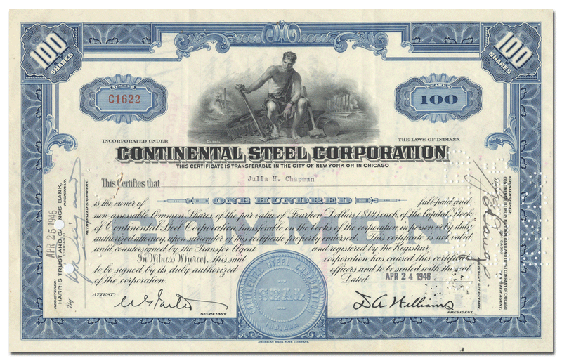 Continental Steel Corporation Stock Certificate
