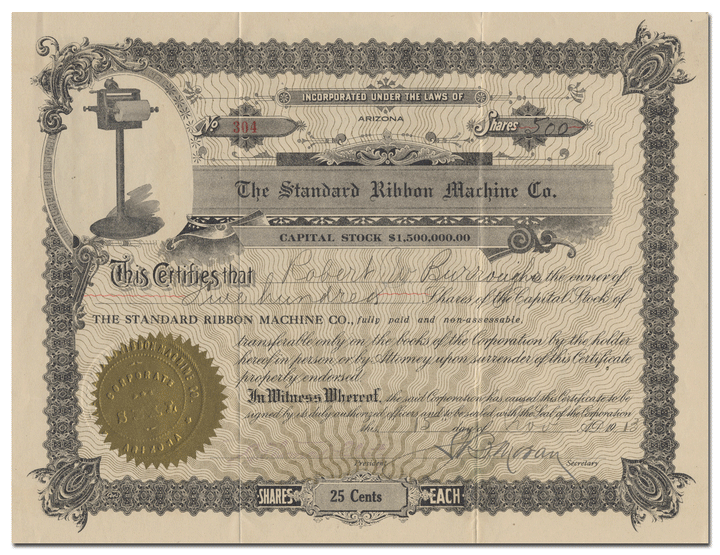 Standard Ribbon Machine Co. Stock Certificate