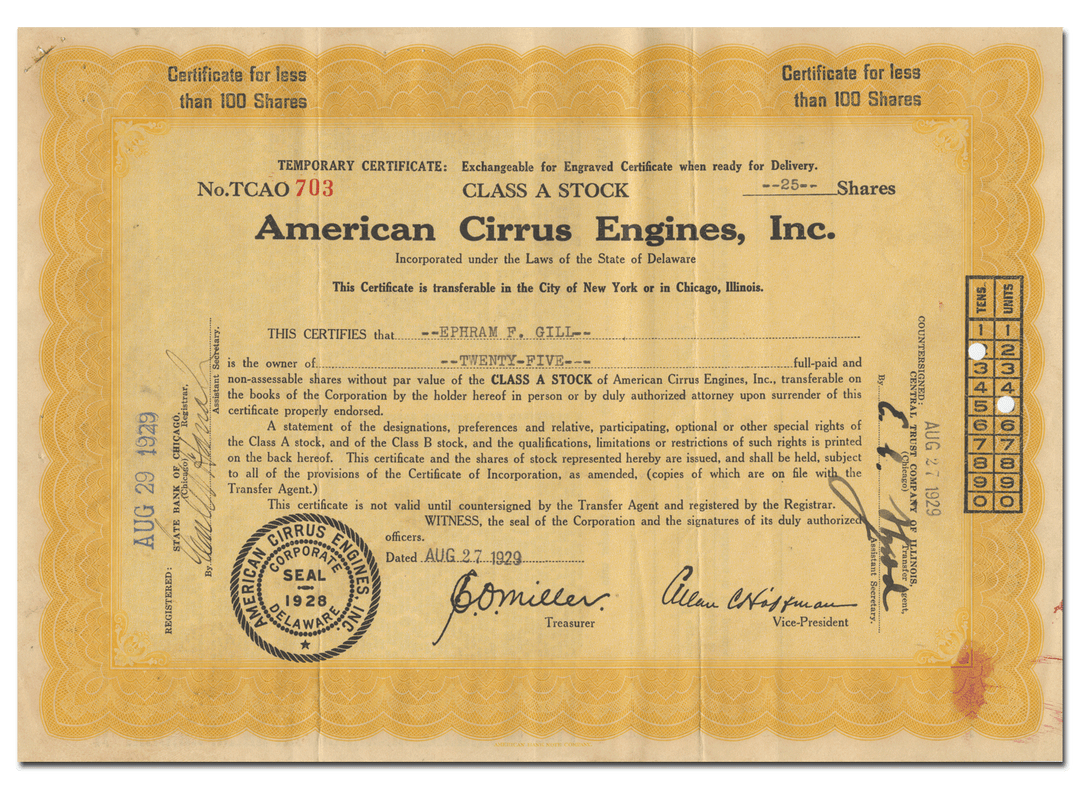 American Cirrus Engines, Inc. Stock Certificate