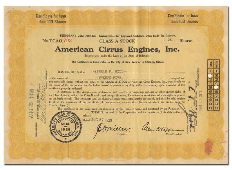 American Cirrus Engines, Inc. Stock Certificate